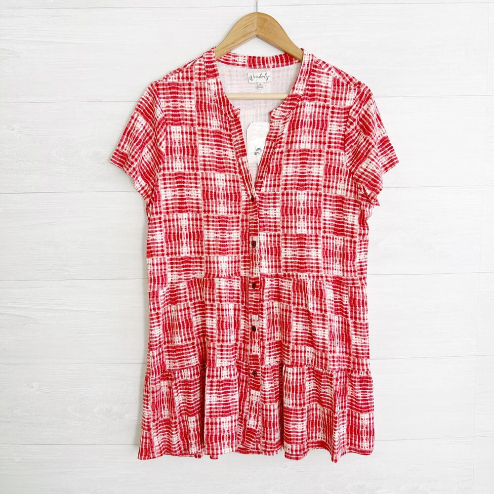 NWT Waverly - Red cream Julianna button front tunic, L